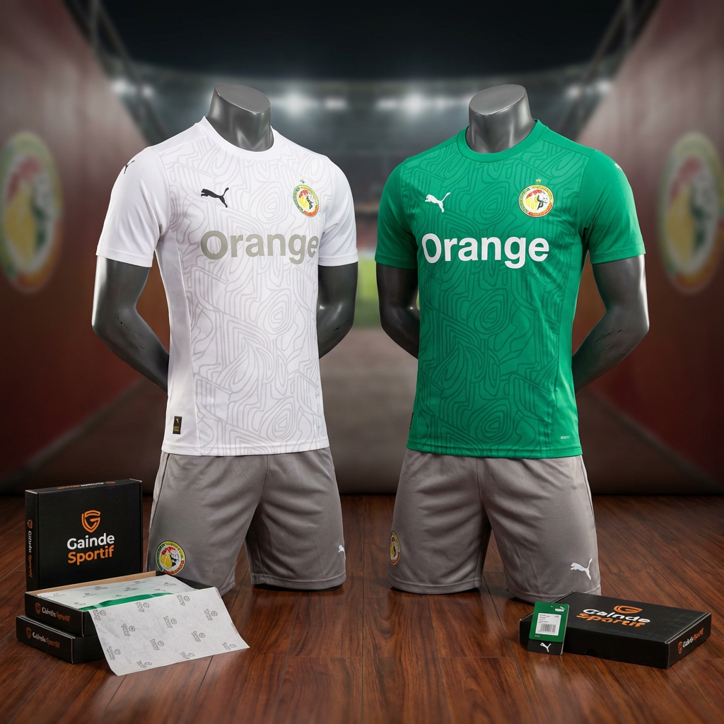 Ensemble Sénégal domicile – maillot vert et blanc + short gris